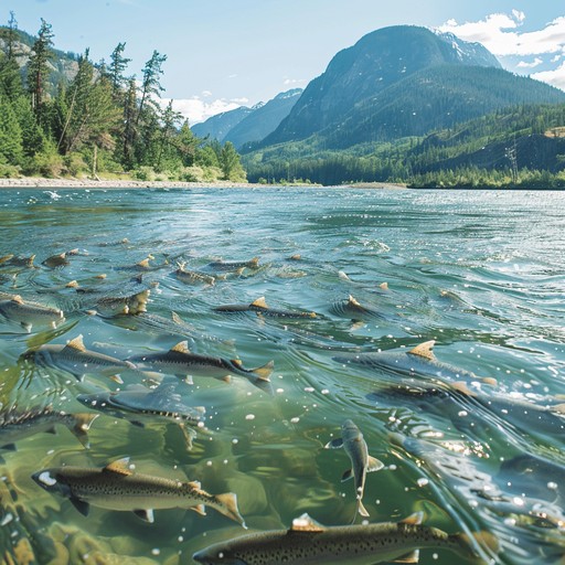 Salmon swimming upstream through a mountain river