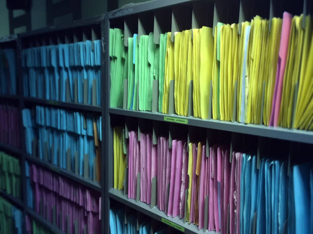 Rows of colour-coded file folders on metal shelves — title registration and record systems.